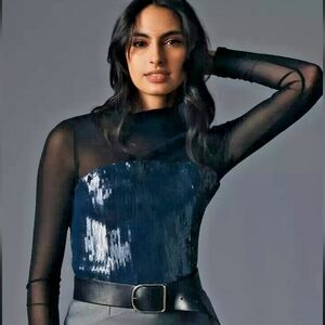 Maeve Black and Blue Sequin Blouse